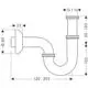 Röhren-Siphon von Hansgrohe mit einer gebogenen Form und Anschlüssen, geeignet für die Installation unter einem Waschbecken. Maße und Details sind im Diagramm dargestellt.